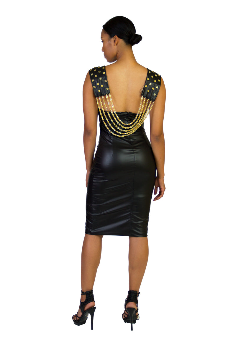 Faux Stretch Low Back Bodycon Dress With Spike Studs And Draped Chains – Deanzign