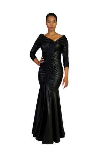 Black Faux Leather Off The Shoulder Shirred Evening Gown